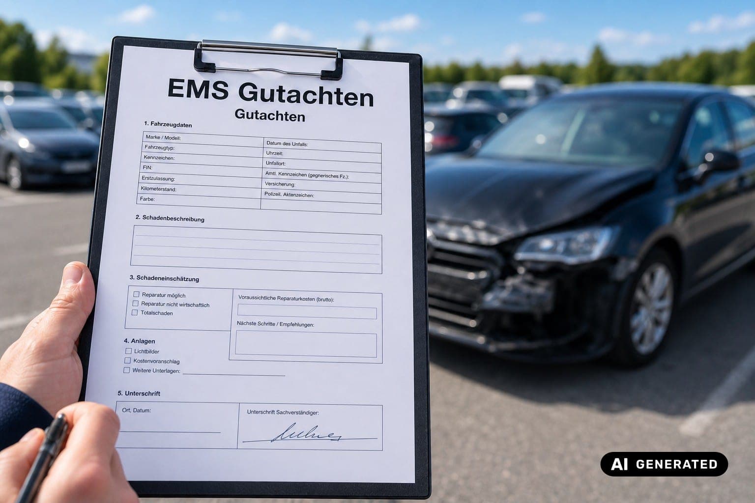 Schadenaufnahme an einem Fahrzeug – mit künstlicher Intelligenz erzeugtes Bild
